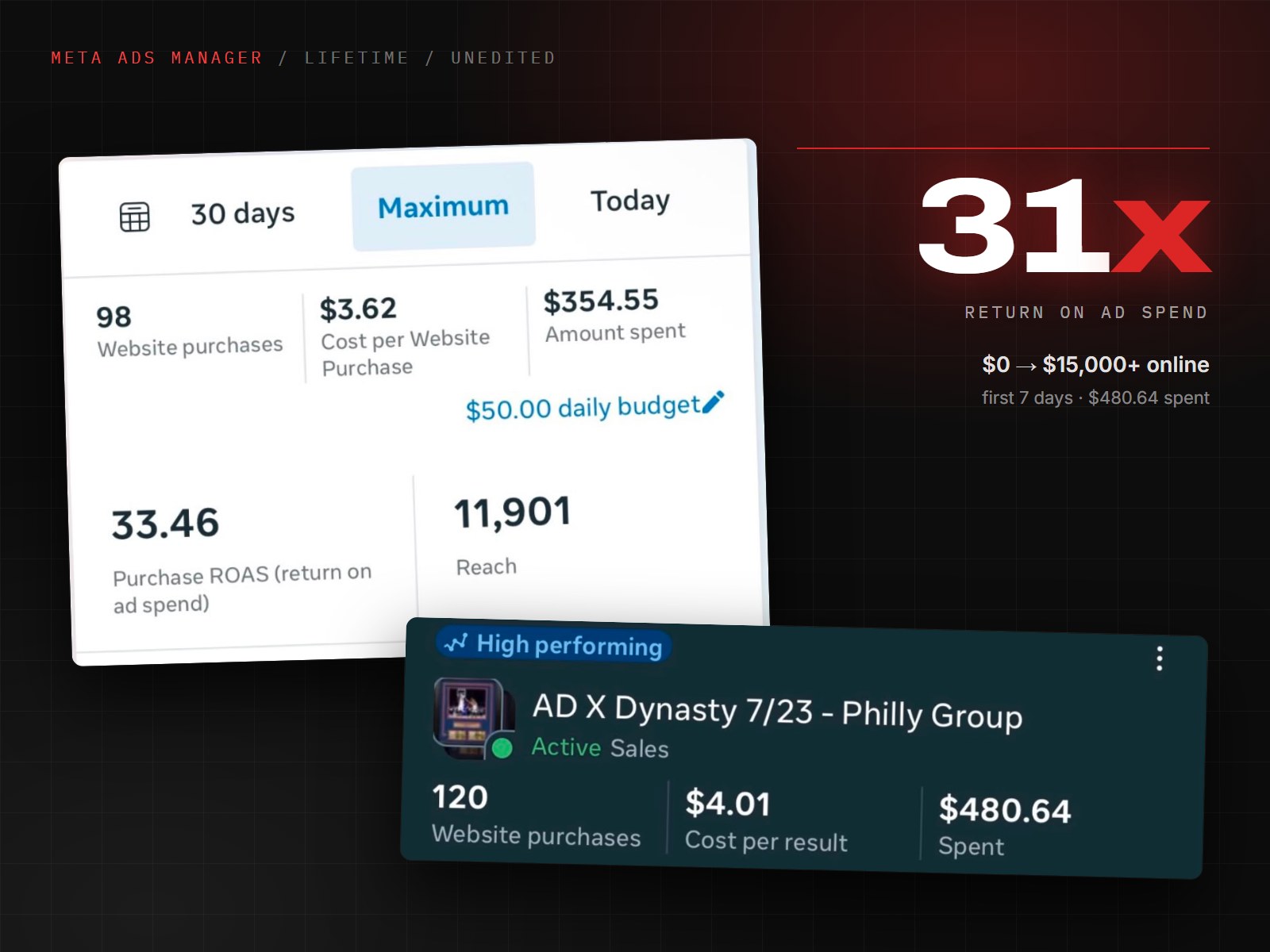 Meta Ads Manager reporting for the Dynasty Sports campaign: 120 website purchases at $4.01 each on $480.64 of spend, and a lifetime purchase ROAS above 31x